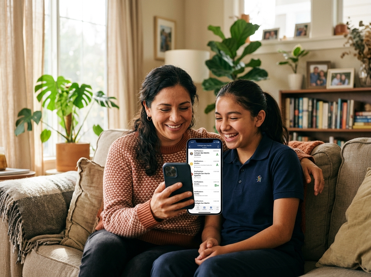 Familia usando la aplicación móvil de EduNexus para el seguimiento escolar