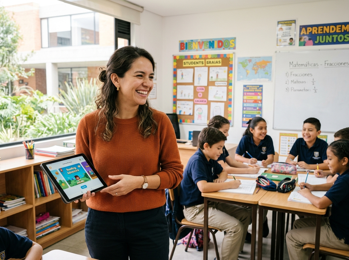 Docente interactuando con estudiantes en el aula
